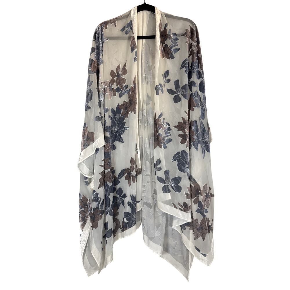 White Velvet Burnout Kimono Open Front One Size Gray Floral Sheer Hillary Scott